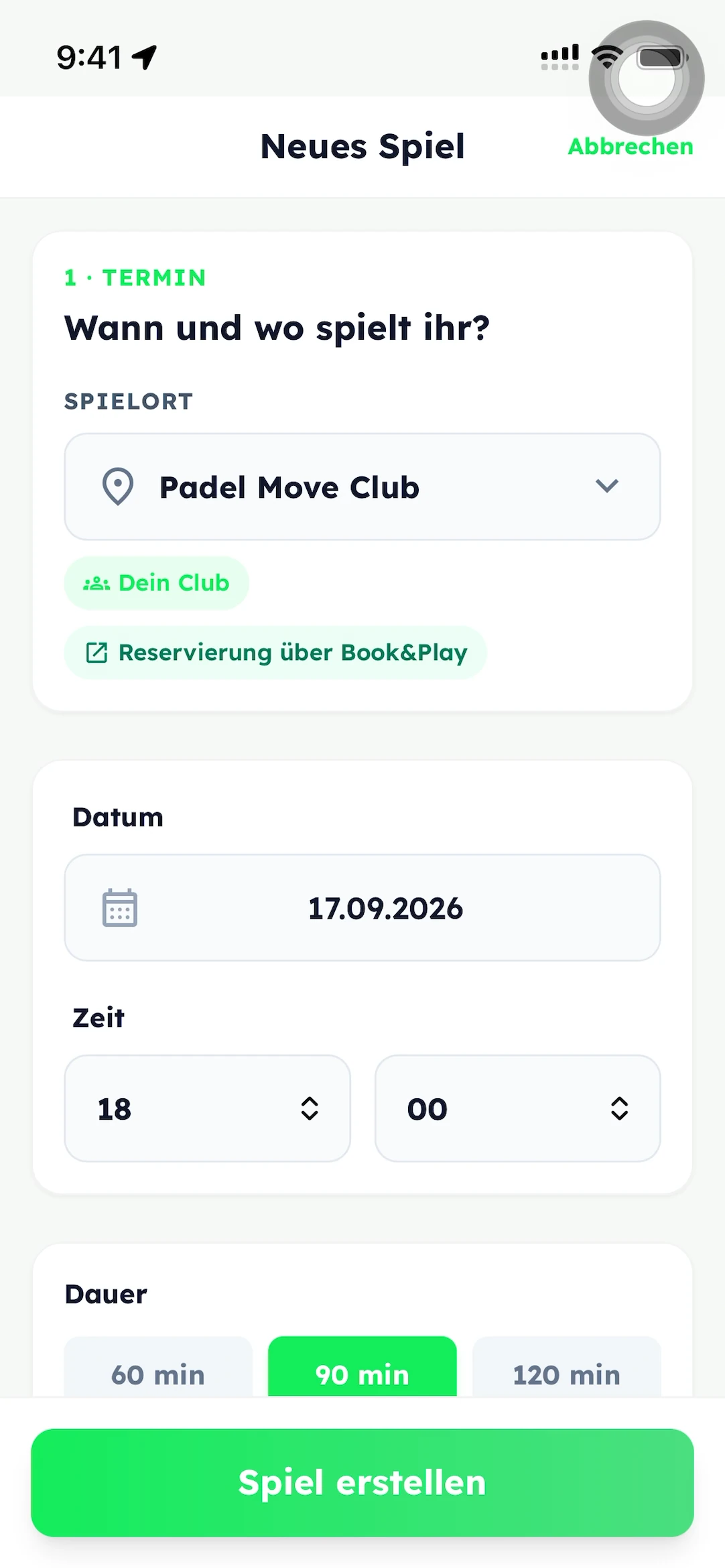Formular Neues Spiel: Padel Move Club ist als Spielort ausgewählt und mit Dein Club markiert.