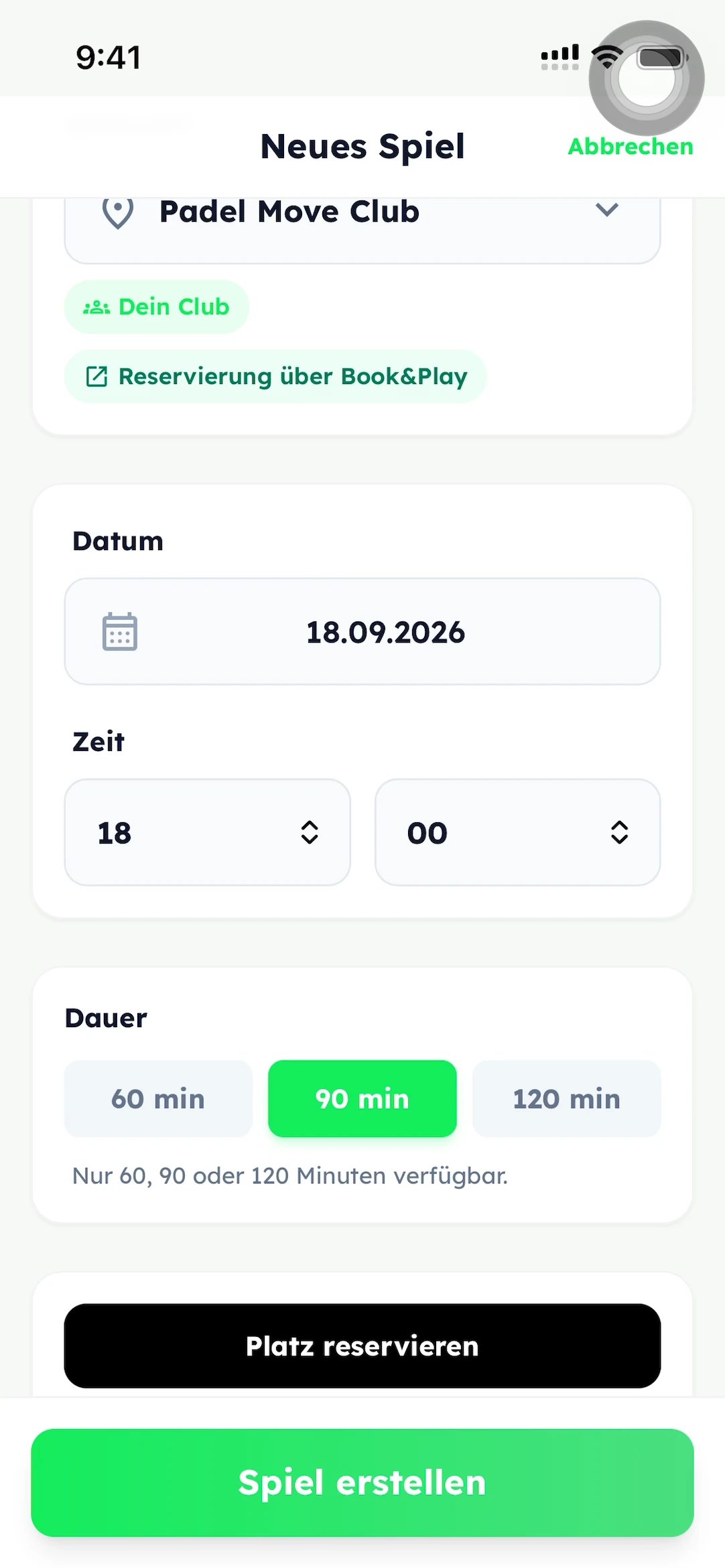 Terminbereich mit gewähltem Datum, Uhrzeit, Dauer und Platz reservieren.