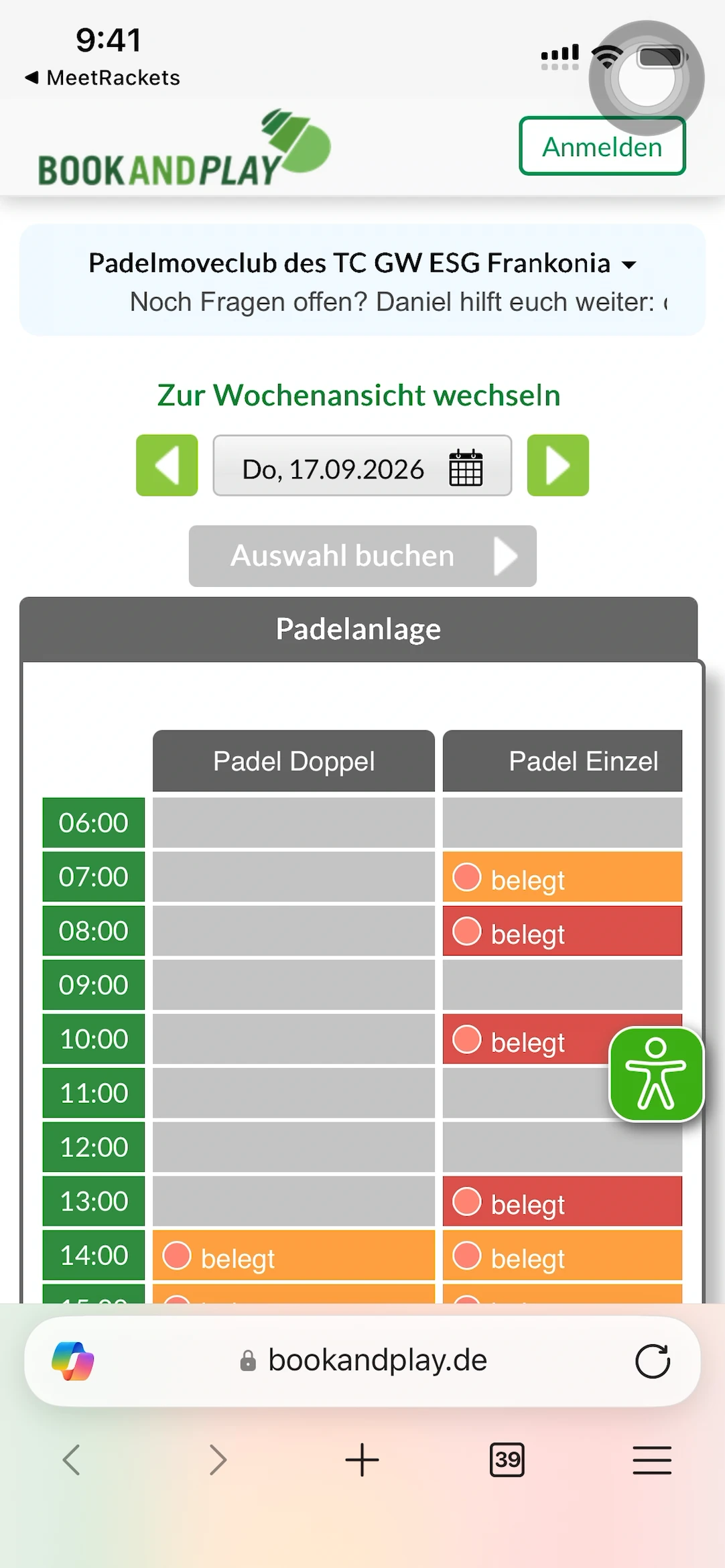 Book&Play-Platzübersicht von Padelmoveclub des TC GW ESG Frankonia mit den Plätzen Padel Doppel und Padel Einzel.