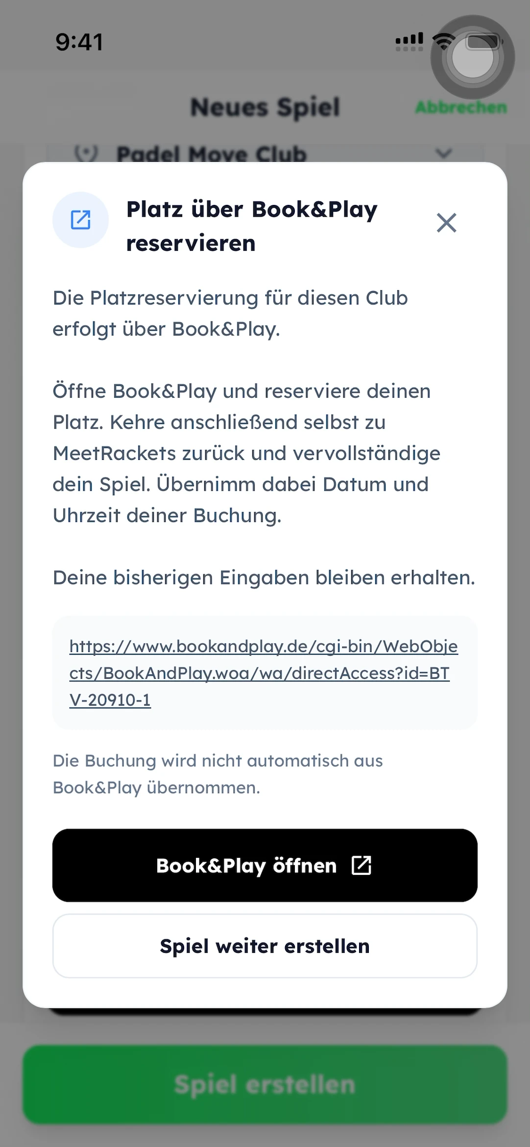 Nach der Rückkehr ist der Book&Play-Hinweis in MeetRackets wieder geöffnet, unten steht Spiel weiter erstellen.