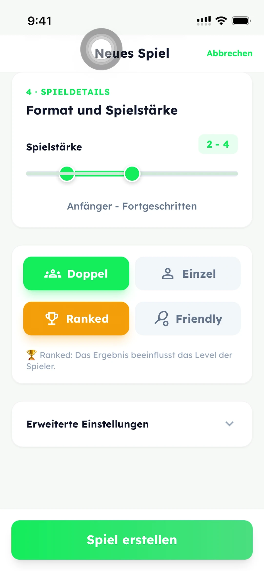 Spieldetails mit Spielstärke 2 bis 4, Doppel, Ranked und dem grünen Button Spiel erstellen.