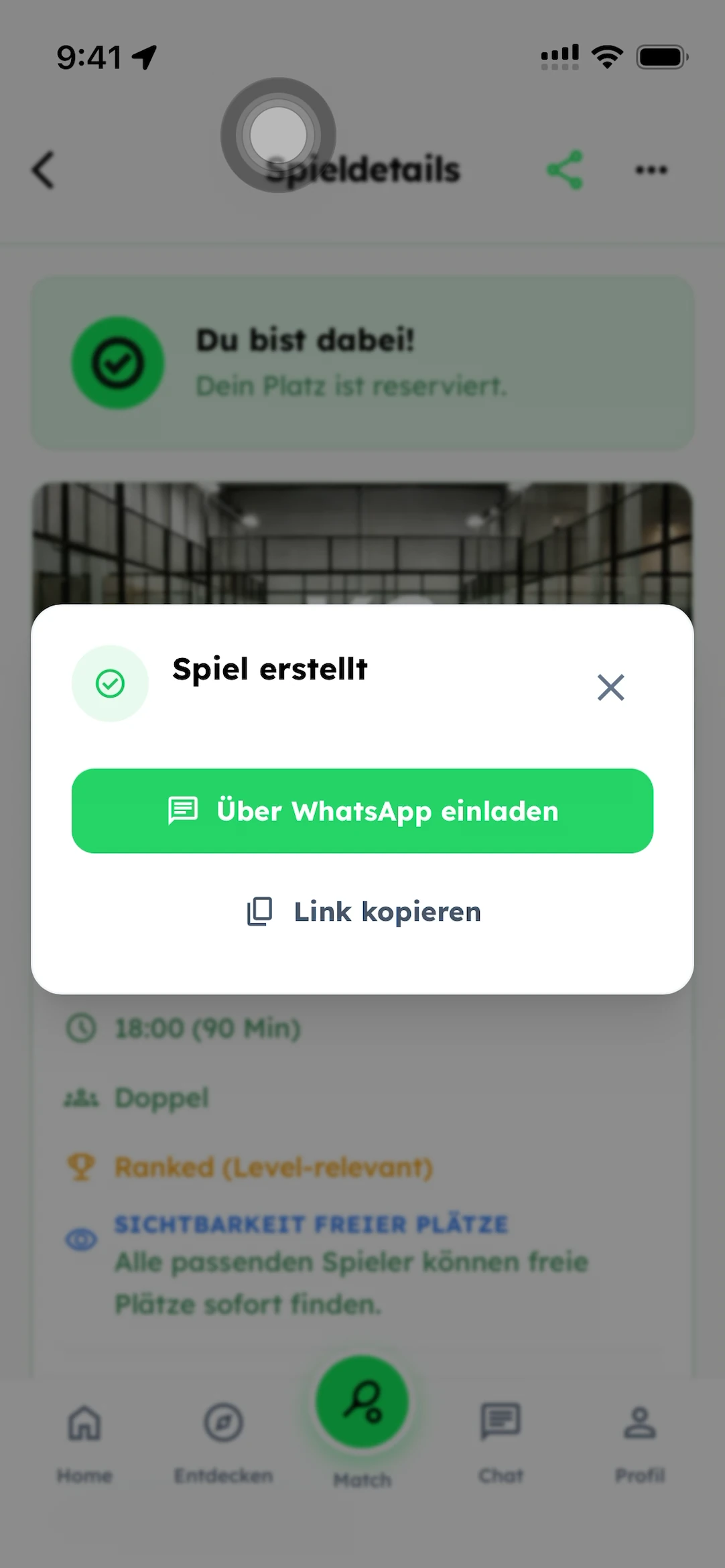 Bestätigung Spiel erstellt mit Über WhatsApp einladen, Link kopieren und einem Kreuz zum Schließen.