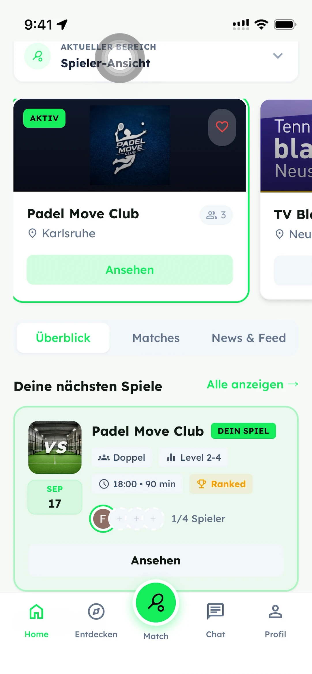 Home mit dem veröffentlichten Spiel für Padel Move Club unter Deine nächsten Spiele.